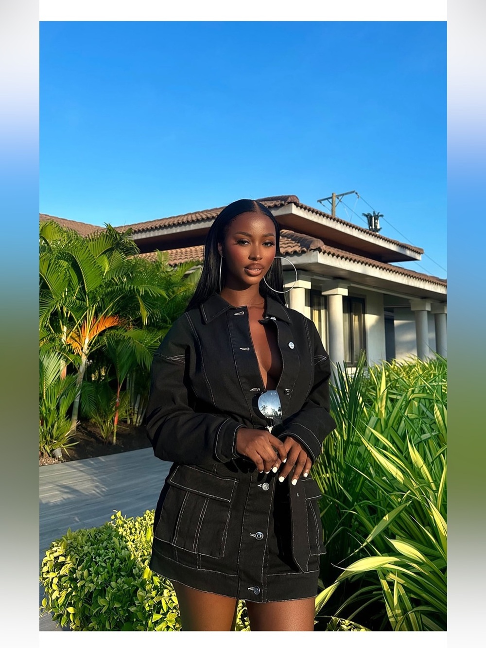 Fashion Nova Black Belted Denim Jacket Dress with White Stitching - Picture 3 of 4